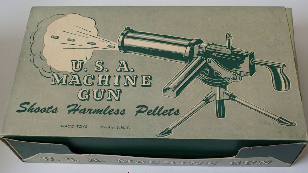RARE Vintage Maco Toys USA 1917A1 Machine Pellet Gun on: Extremely Rare Vintage Maco Toys USA Machine Pellet Gun complete in the original box with inserts, and including 4 pellets and all accessories. Plastic reproduction of an authentic U.S.A type 1917A1 W