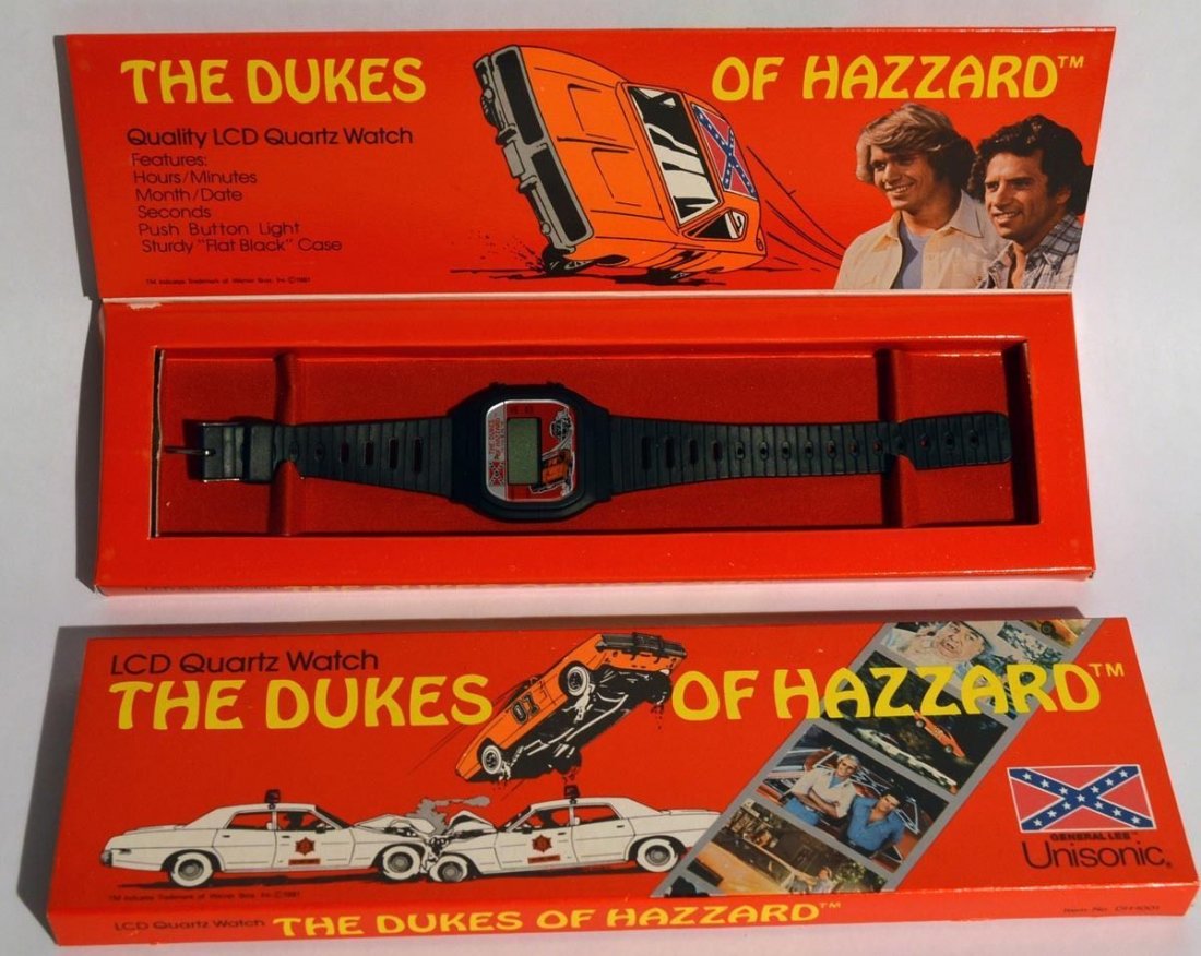 VINTAGE 1981 THE DUKES OF HAZZARD LCD QUARTZ WRIST: Vintage 1981 The Dukes of Hazzard LCD Quartz Wrist Watch, new & unused in the original packaging! Original old store stock. Features hours/minutes/month/date/seconds, push button light and sturdy "fla