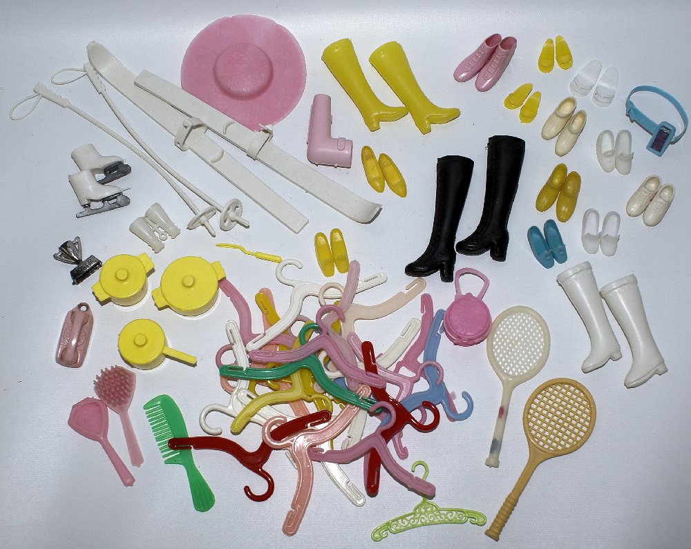 Large Lot of Vintage Barbie Doll Size Accessories -: Large Lot of Vintage Barbie Doll Size Accessories. Includes hangers, shoes, boots, high heels, skis with poles, ice skates and various other sports related accessories, vanity items, plastic hat, plas