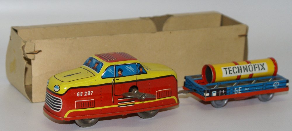 Vintage 1960's TECHNOFIX Tin Wind-up GE 297 Train & (1 of 2)