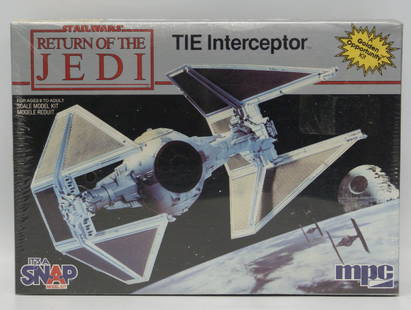 1983 MPC #1-1972 STAR WARS Return of the Jedi TIE: Vintage 1983 MPC Star Wars Return of the Jedi #1-1972 Scale Model Kit of TIE Interceptor. Built model will measure 6" long. Features opening crew door, detailed interior with pilot, and display stand.