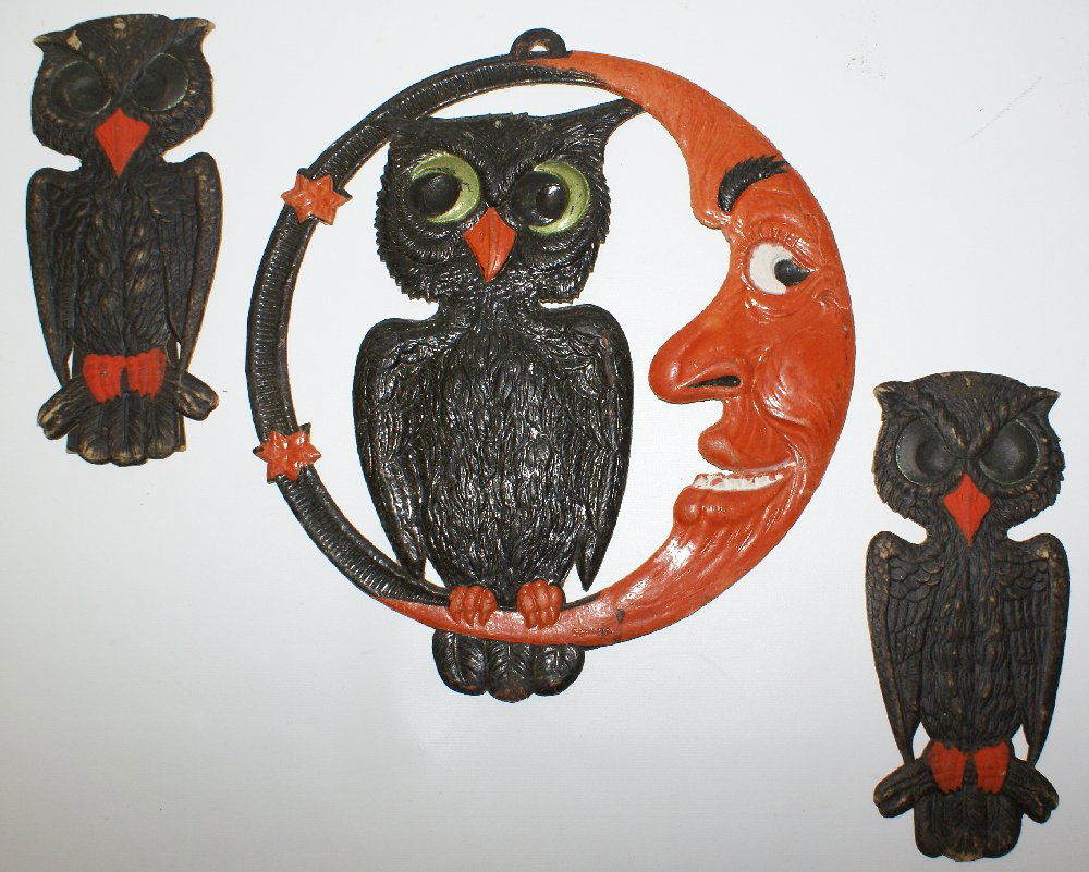 Set of 1920's Heavily Embossed Diecut HALLOWEEN Owls & (1 of 5)
