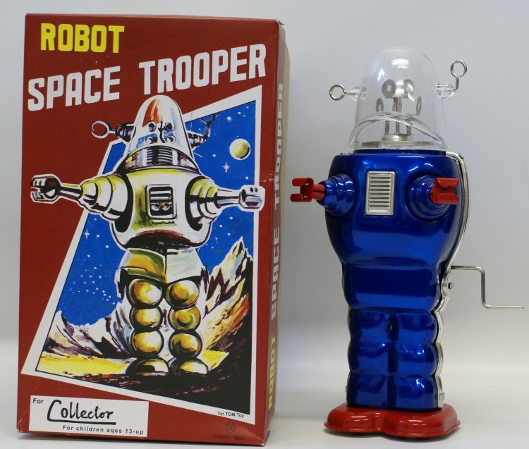 TIN TOM TOY Tin Crank Windup Blue ROBOT SPACE TROOPER (1 of 2)