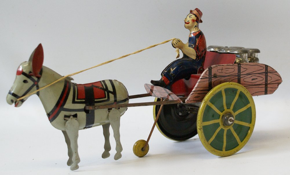 Tin Windup HEE HAW Donkey Pulling Milk Cart, Unique Art (1 of 3)