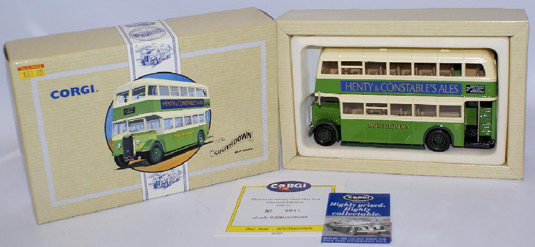 CORGI #97198 'The Southdown' 1:50 Scale GUY ARAB Double: Vintage CORGI #97198 'The Southdown' Guy Arab Double Decker Bus. 1:50 scale diecast coach. Comes in the original box with numbered certificate. Made in Great Britain. A very attractive model to displa