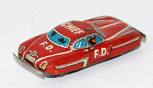 50's Tin Mini Penny Toy Fire Chief Fire Dept Car,: Vintage 1950's Tin Lithographed Miniature Penny Toy Red Fire Chief Fire Department Car, by Nomura (TN), Japan. License plate reads FD-110. Car measures 2-1/4" long. Old store stock. Nice bright lithog