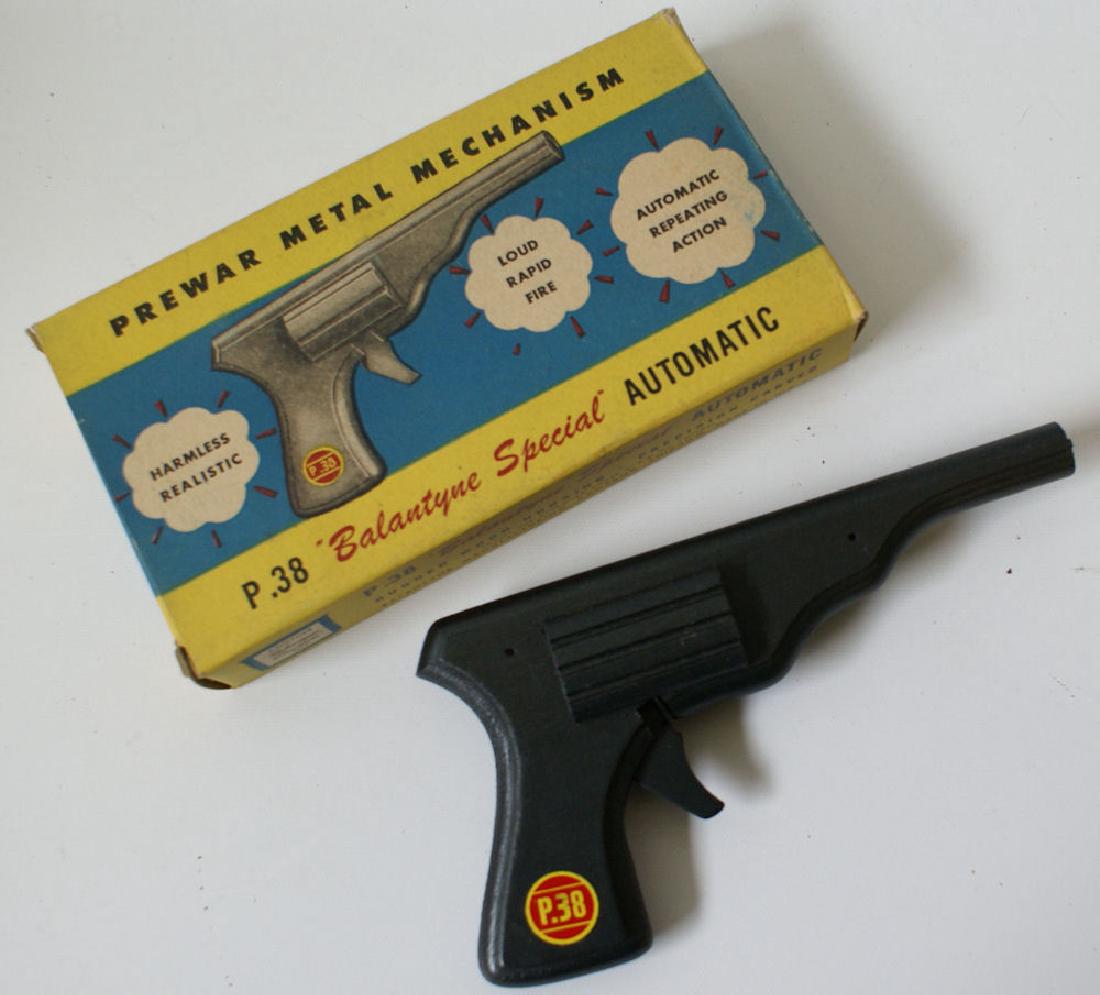 Balantyne Special P-38 Automatic Cap Gun in original: Vintage Balantyne Special P-38 Automatic Cap Gun in original box. Rugged wood housing, precision carved, loud rapid fire, automatic repeating action, harmless, realistic. Gun measures 8" long. Very ra