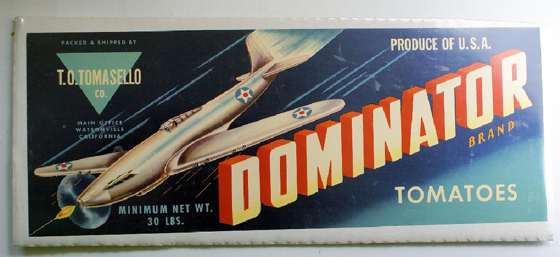 1940's Original DOMINATOR Vegetable Long Crate Label: Vintage 1940's Original DOMINATOR Vegetable Crate Label with Fighter Plane Airplane. Says "packed and shipped by T.O. Tomasello Co., main office Watsonville Calif. Dominator Brand. Produce of U.S.A.".