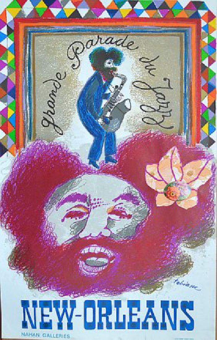 TOBIASSE JAZZ NEW ORLEANS NAND SIGNED: TOBIASSE JAZZ NEW ORLEANS HAND SIGNED "GRAND PARADE DU JAZZ NEW ORLEANS" NAHAN GALLERIES NOTE; THIS IS AN ORIGINAL LITHOGRAPH WITH COLLAGE [THE FLOWER ON THE RIGHT CENTER ,SEE SECOND PHOTO] HAND SIGNE
