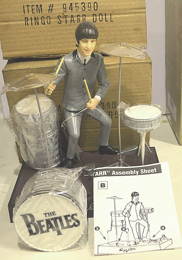VERY RARE BEATLES RINGO STARR DOLL AND DRUM SET: VERY RARE BEATLES RINGO STARR DOLL AND DRUM SET. ITEM NO. 945390.CONTENTS INCLUDES: RINGO STARR FIGURE, TWO CYMBALS, 3 DIFFERENT DRUMS, CATALOG INSTRUCTIONS. CAME AS A MAIL ORDER IN BROWN BOX. 1991 AP