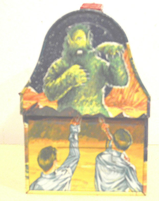 LOST IN SPACE LUNCH BOX. 1960. DOME/ TOP LUNCH BOX: LOST IN SPACE LUNCH BOX. DATED 1960. DOME/ TOP LUNCH BOX.BEAUTIFUL GRAPHICS FROM "LOST IN SPACE" SCENCE. EMBOSSED ON THE BOTTOM "AMERICAN THERMO PRODUCT COMPANY." THE BOTTOM ALSO HAS SOME UNIQUE DRAWI