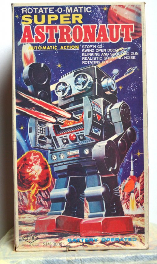BATTERY OPERATED ROTATE-O-MATIC SUPER ROBOT: BATTERY OPERATED ROTATE-O-MATIC SUPER ROBOT.FEATURES STOP AND GO ACTION, SWING OPEN DOOR, BLINKING AND SHOOTING GUN, REALISTIC SHOOTING NOISE, ROTATING BODY.MEASURES AT 12'COMPLETE AND INTACT