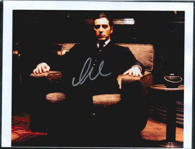 AL PACINO SIGNED 10 X 8 PHOTOGRAPH. HERE IS A 10 X 8: AL PACINO SIGNED 10 X 8 PHOTOGRAPH. HERE IS A 10 X 8 COLOR GLOSSY PHOTOGRAPH FROM "THE GOD FATHER" AND SIGNED BY AL PACINO IN GOLD INK. COMES WITH A CERTIFICATE OF AUTHENTICITY FROM TODD MUELLER AUTOG
