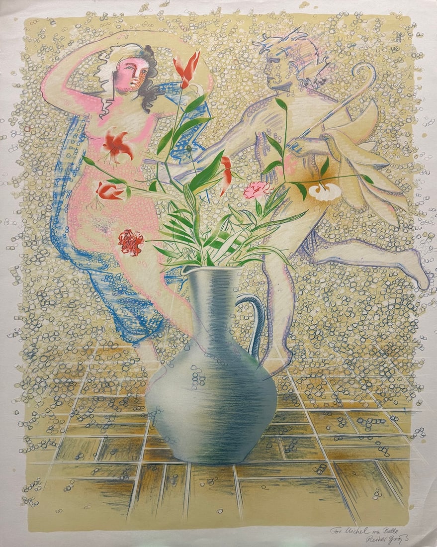 Rainer Gross - "Lilies, Carnations, and Stones": Rainer Gross - "Lilies, Carnations, and Stones". Hand-Signed Lithograph with inscription "Ma Belle." 26 x 35. Excellent condition