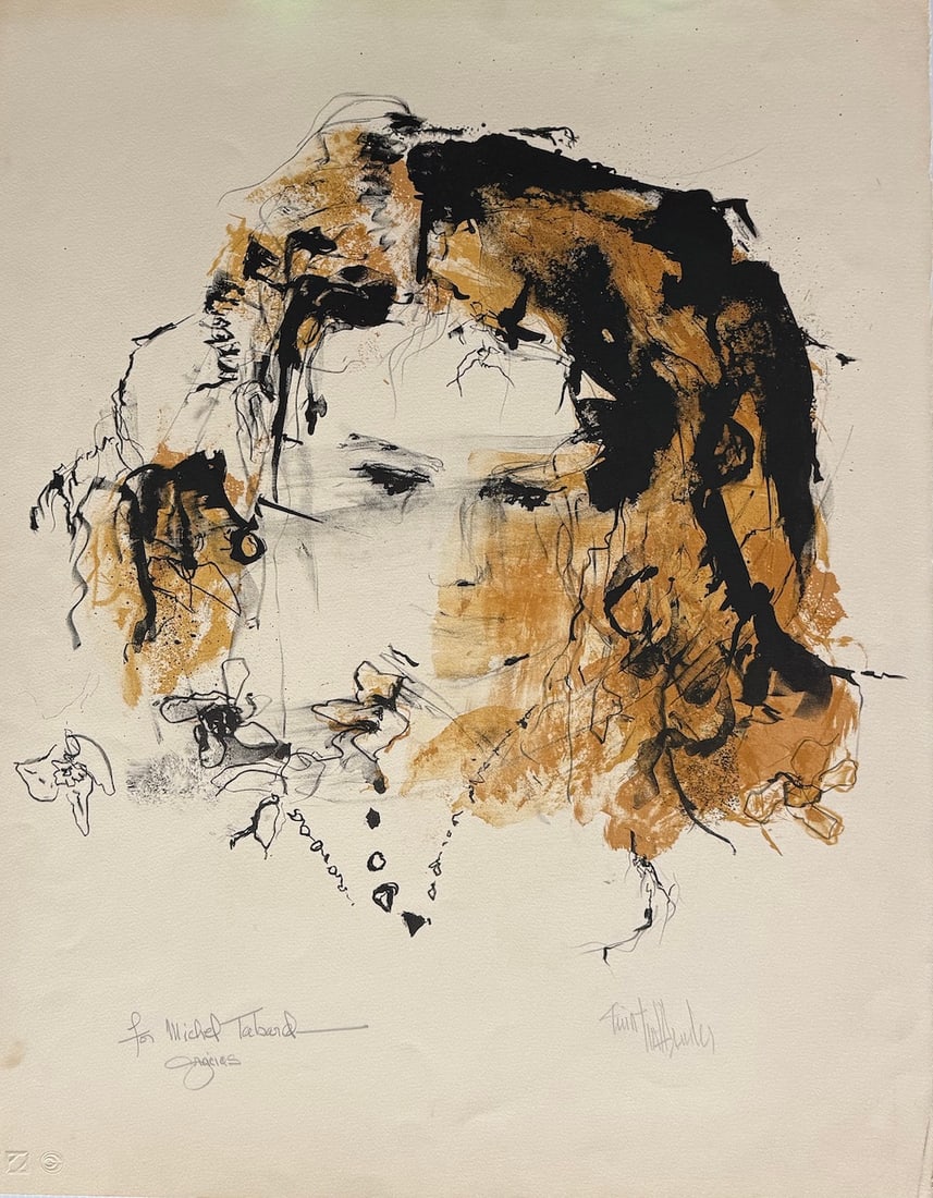 Gino Hollander - "Portrait of a Woman": Gino Hollander - "Portrait of a Woman". Pencil Signed Lithograph, with inscription "for Michel Tobard, Gracias." Excellent condition. Small stained at the bottom of the print (see pic). 21 x 29