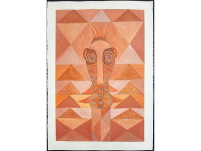 Ephrem Kouakou Original Painting Untitled XC (Tribal Mask on Geometric Background) Ivorian West: Original artwork painted in 1996 by noted artist from the Ivory Coast in West Africa, Ephrem Kouakou.Untitled XC (Tribal Mask on Geometric Background)This original painting is in acrylic & pigment on