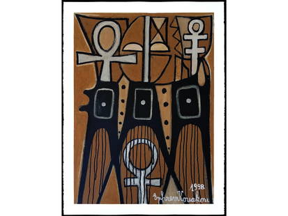 Ephrem Kouakou Original Painting Untitled LXXXVII (Three Black Figures w/Ankhs): Original artwork painted in 1998 by noted artist from the Ivory Coast in West Africa, Ephrem Kouakou.Untitled LXXXVII (Three Figures w/Ankhs) IThis original painting is in acrylic & pigment on heavy s