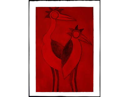 Ephrem Kouakou Original Painting Untitled LXXXVI (Red Birds III): Original artwork painted in 1996 by noted artist from the Ivory Coast in West Africa, Ephrem Kouakou.Untitled LXXXVI (Red Birds III)This original painting is in acrylic & pigment on heavy stock Arches