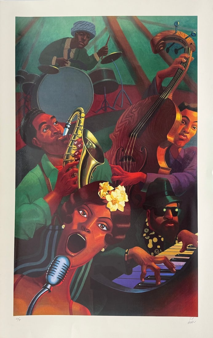 Justin Bua - "Jazz Quintet": Justin Bua - "Jazz Quintet". Artist's Signed and Numbered Trial Proof Serigraph. 44 x 28. Excellent condition