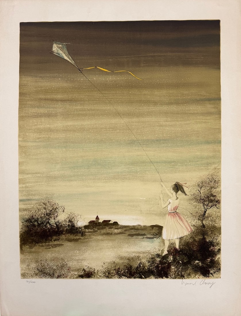 Bernard Charoy - "Girl With Kite": Bernard Charoy - "Girl With Kite". Artist's Signed and Numbered. Lithograph. Circa 1978. 22 x 30. Signs of ageing along the edges. Otherwise, excellent condition