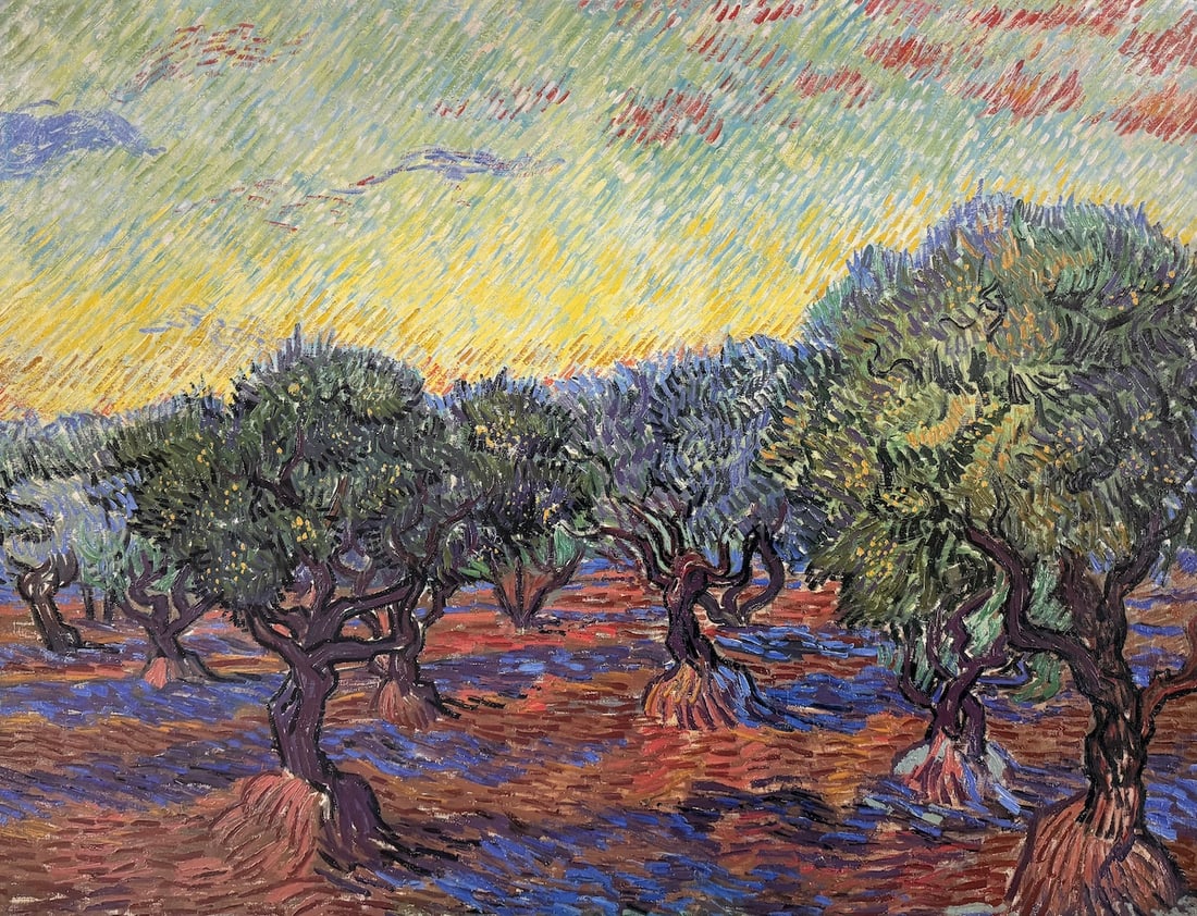 Vincent Van Gogh – “Olive Grove With Orange Sky: Vincent Van Gogh – “Olive Grove With Orange Sky”. Reproduction Print. 34 x 26. Excellent condition