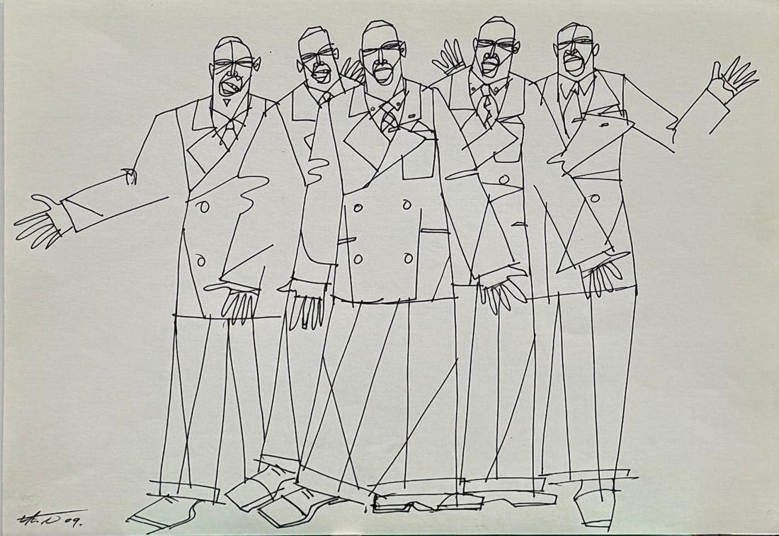 Willie Torbert - Original Art Drawing: Willie Torbert’s original art drawing depicts a group of performers. Hand-signed by the artist and dated 2009, the drawing measures approximately 14 x 11 inches and is in excellent condition.