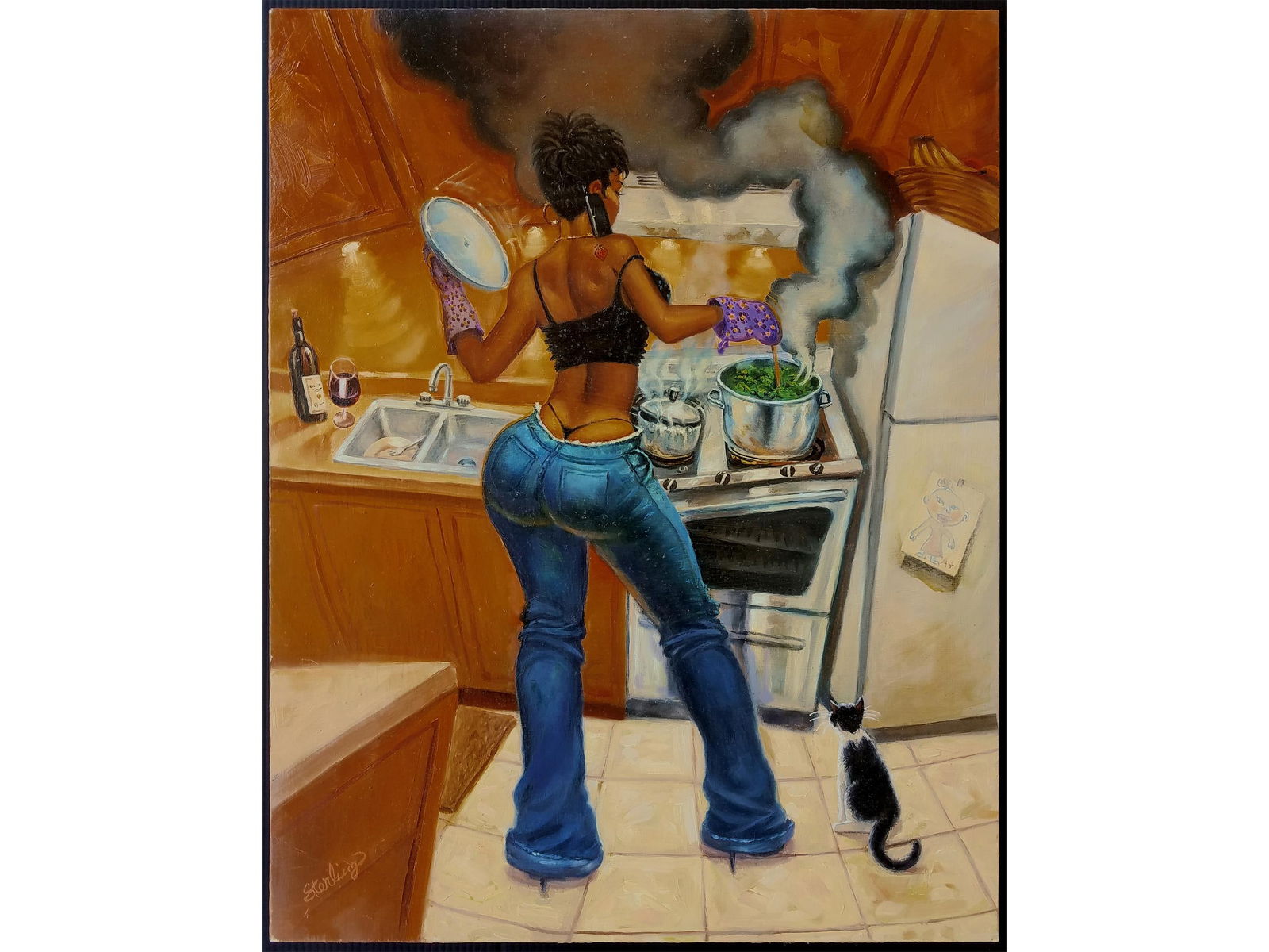 Sterling Brown Original Painting Looking Good Cooking Acrylic on Canvas Board: Original painting by noted NYC artist Sterling Brown.Titled "Looking Good Cooking"Original artwork done in acrylic on canvas board and is in excellent as-new condition.Signed by the artist in the imag