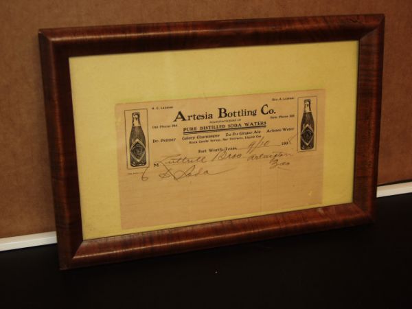 Dr Pepper Arteria Bottle Co 1908: Framed Sales Receipt Fort Worth/Arlington TX
