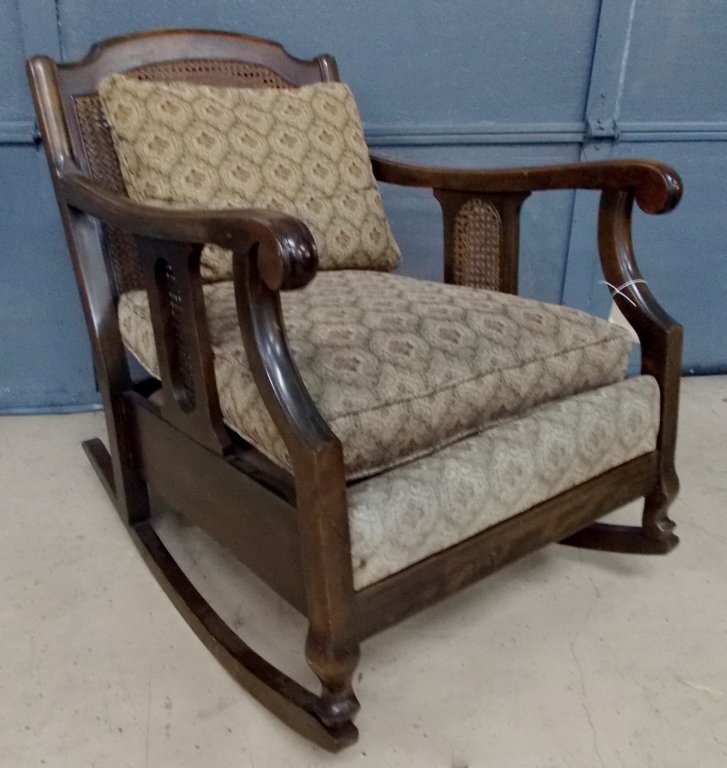 Vintage Rocking Chair #995: A vintage 1940s Cain backed wooden rocker with cushions.