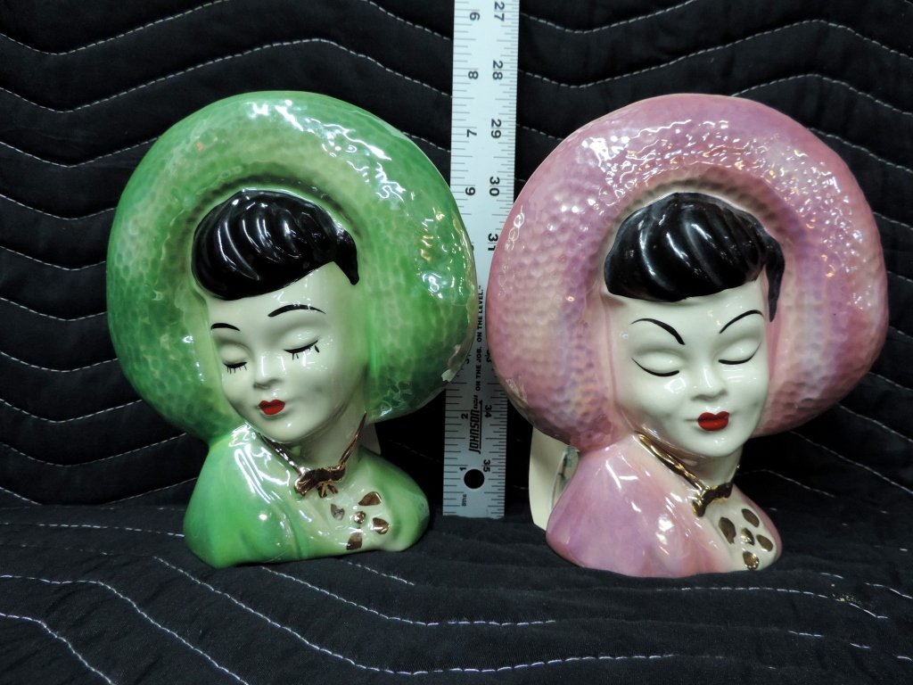 Pink and Green Lady Planter Heads: 1960s ceramic great condition planter heads.