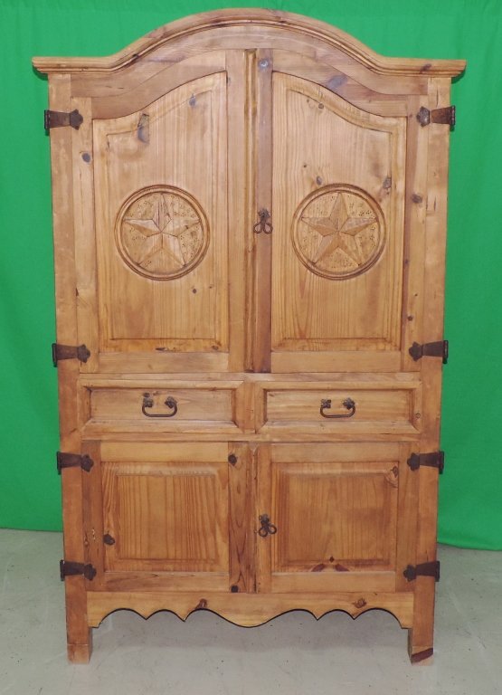 Pine Entertainment Center: A large, rustic style pinewood entertainment center. It features 4 swing open doors and 2 pull out drawers with iron hardware. Can be used for your TV and other electronics or it can also be converted