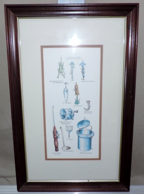 1890 Fisherman's Print: Fisherman's Print includes drawings of ice fishing lures and tackle ranging from 1890 to 1917. It is neatly matted and encased in a slim brown frame. 14" X 22"