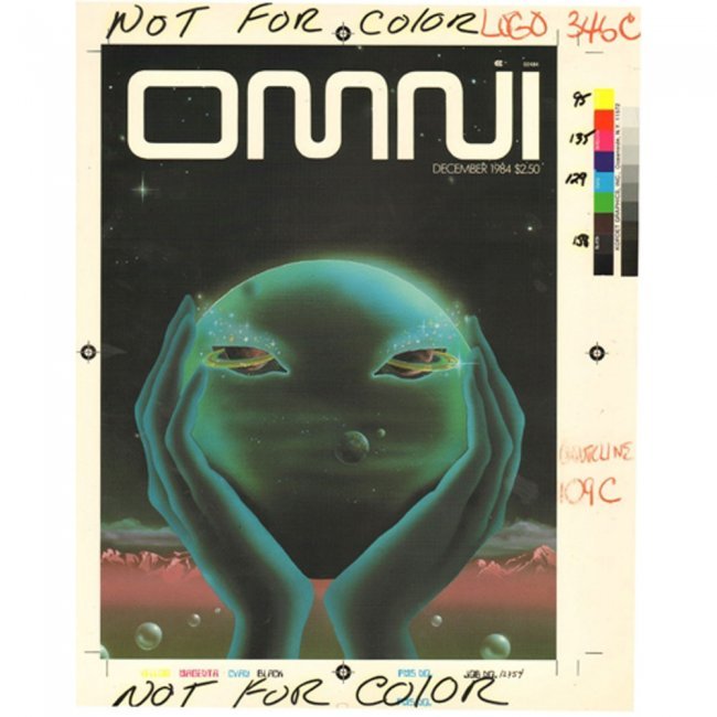 OMNI PRODUCTION ART 1984-12 COVER DRAFT: Production materials for the December 1984 edition of Omni. These were used to determine the final look of the cover before the magazine went to print. Includes 1 cover draft with Pantone color swatch