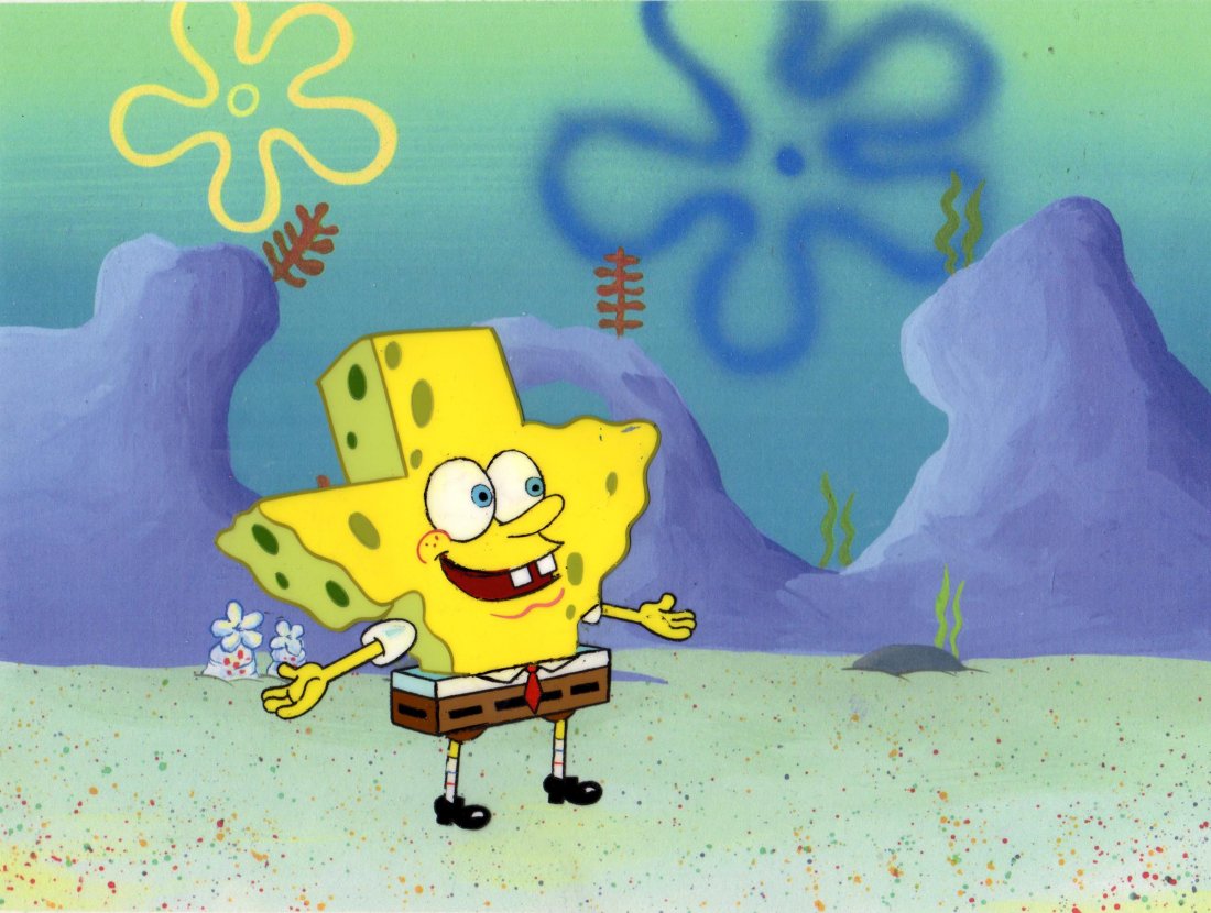 Production cel from TEXAS: All the cels are from the first and only year the cels were hand painted back in 1999. After this date all SpongeBob drawings were done by computer. The cel comes with a print background All our spong