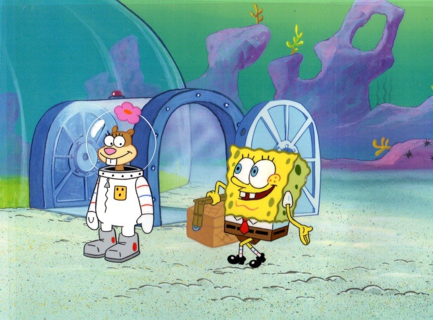 Production cel of Sandy and SpongeBob from KARATE: All the cels are from the first and only year the cels were hand painted back in 1999. After this date all SpongeBob drawings were done by computer. The cel comes with a print background All our spong