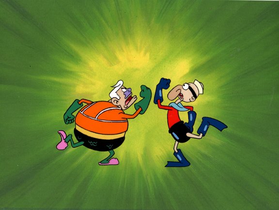 Production cel of MermaidMan and BarnacleBoy: All the cels are from the first and only year the cels were hand painted back in 1999. After this date all SpongeBob drawings were done by computer. The cel comes with a print background All our spong