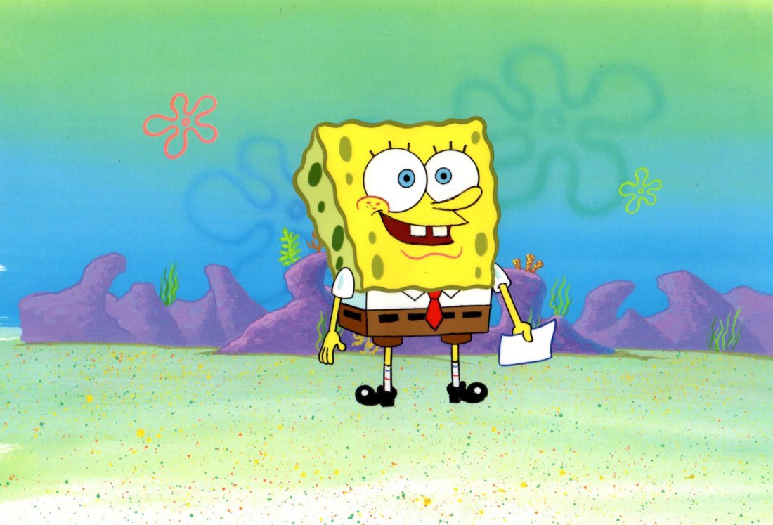 Production cel of SpongeBob from the Episode THE PAPER: All the cels are from the first and only year the cels were hand painted back in 1999. After this date all SpongeBob drawings were done by computer. The cel comes with a print background All our spong