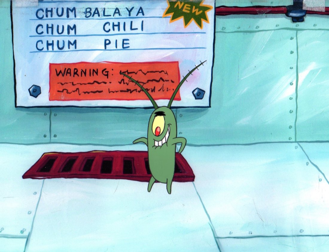 PLANKTON from the Episode Plankton: All the cels are from the first and only year the cels were hand painted back in 1999. After this date all SpongeBob drawings were done by computer. The cel comes with a print background All our spong