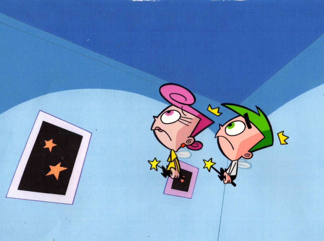 Nickelodeon Fairly Odd Parents Original Production Cel: This is an original production cel used in the production of the 2001 Nickelodeon Series, The Fairly OddParents. This is Cosmo and Wanda from”Where’s Wanda”. Production cel sheets 10.5" x 12.5" 