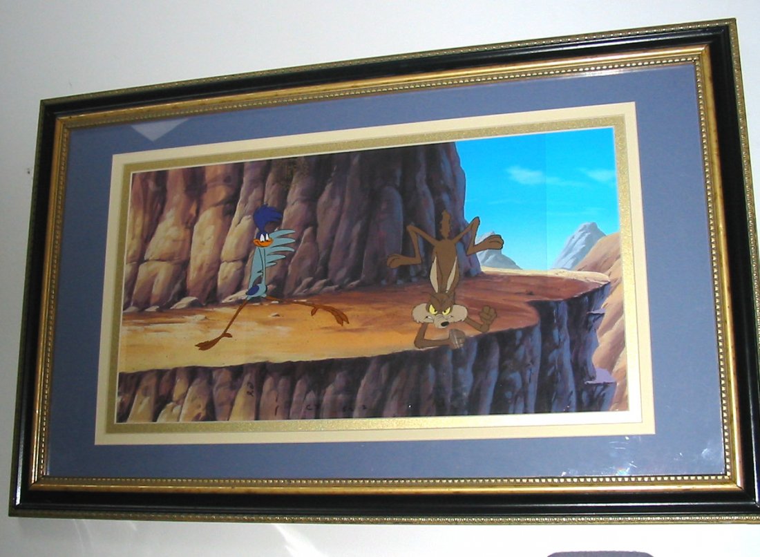 . Chuck Jones Wild E Coyote & Road Runner Cel 1960s: A Fabulous piece of Animation Art. Wile E. Coyote (HUGE 5”) is a Warner Brothers Vintage Production Cel in a classic falling pose from the 1950s-1960’s together with a vintage 1960’s HUGE 6” R