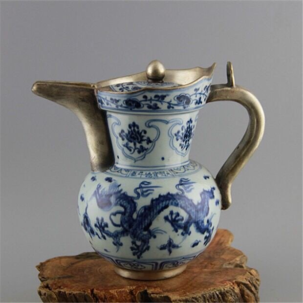 Antique Chinese Blue and White with Silver Pot (1 of 5)