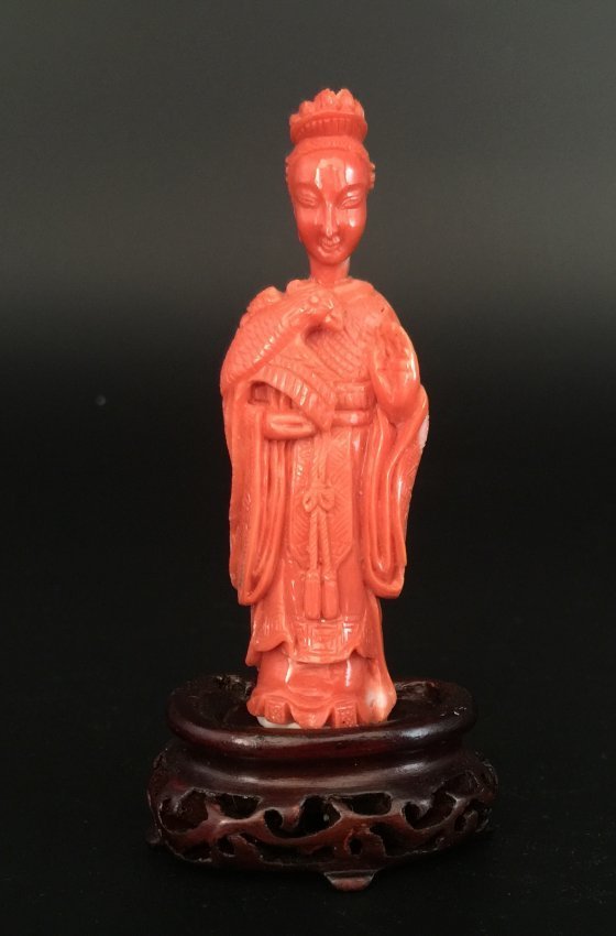 Qing Dynasty Coral Carved Lady with Bird Snuff Bottle (1 of 4)