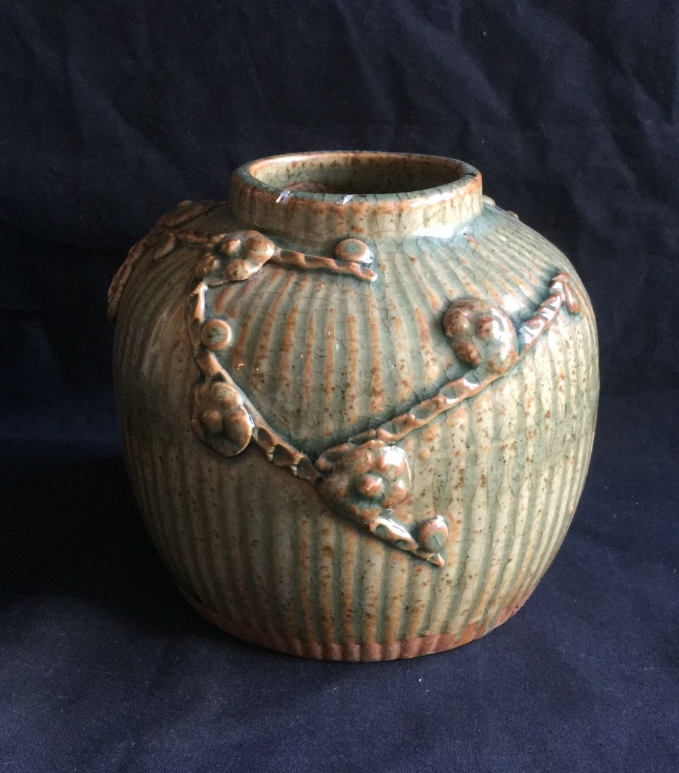 Antique Chinese Celadon-Glazed Carved Jar (1 of 5)