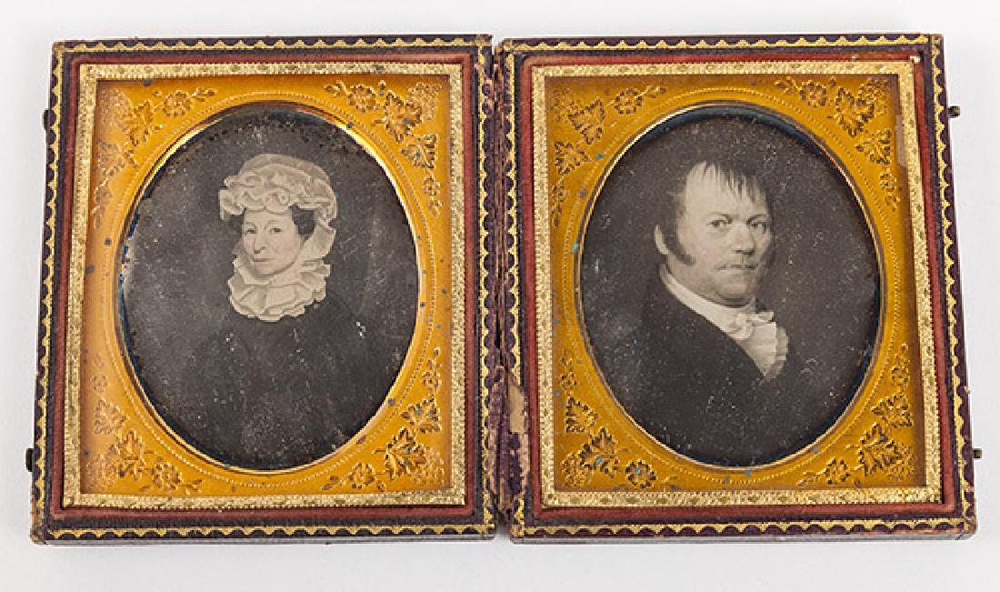 Pair Daguerreotypes of Painted Portraits: Both sixth plates mounted in the same embossed leather covered case, middle aged gentleman and older lady, both likely oil painting, both still in original seals and bright