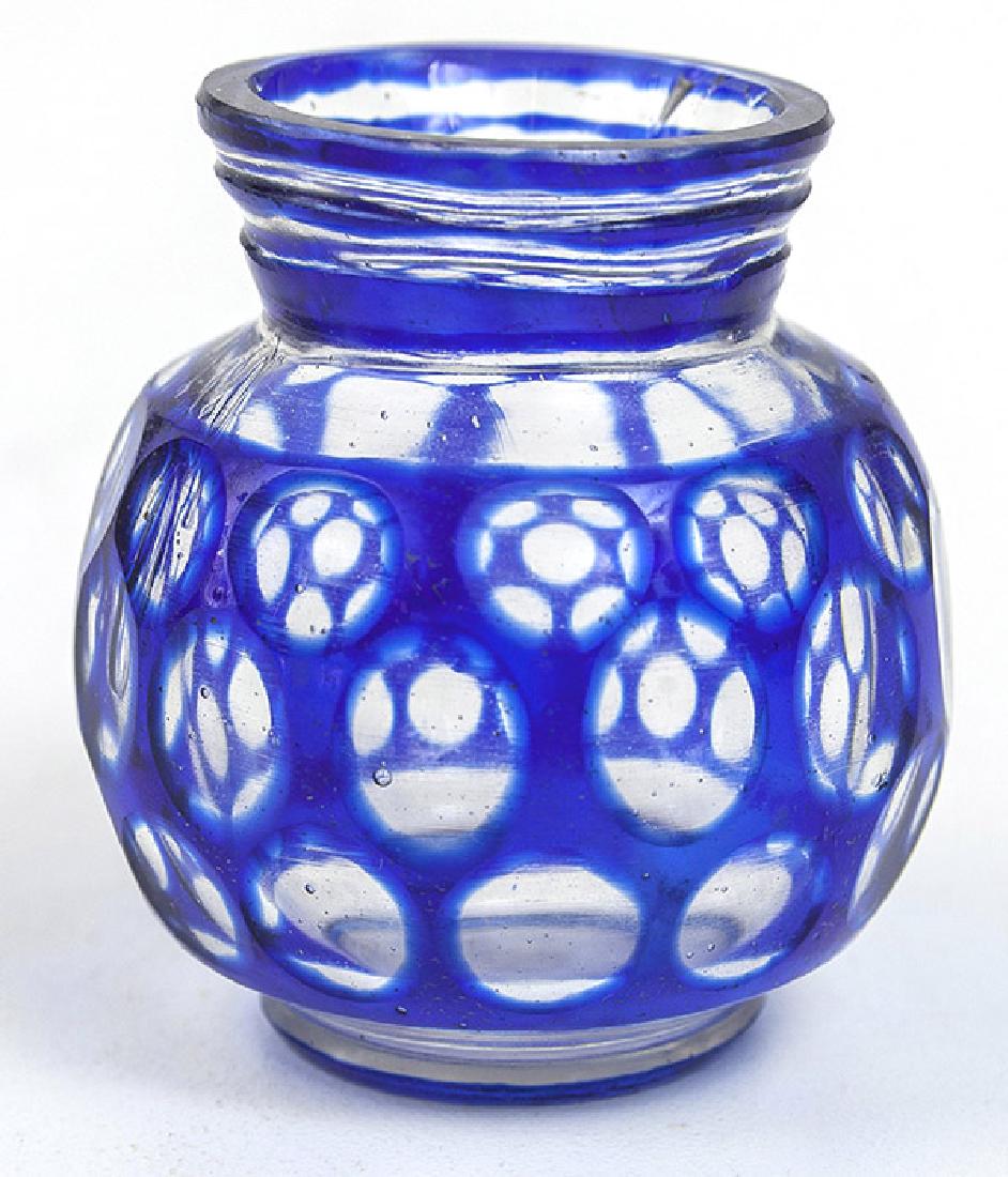 Miniature Cobalt Cut to Clear Toothpick Holder: Bulbous form with flared lip and short foot, 1 1/2" diameter x 2" high.