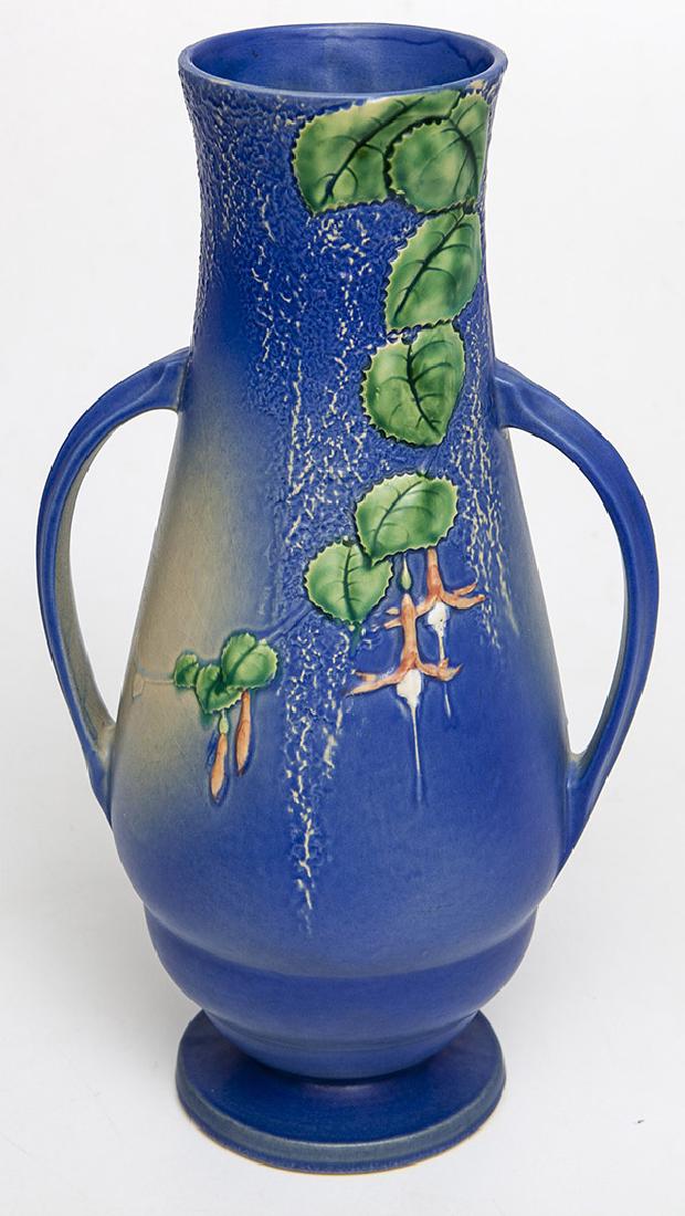 Roseville Fuchsia Vase: Unusually large with two handles, marked on base "Roseville/905-18", 6" diameter x 10" wide at handles x 18 1/2" high.