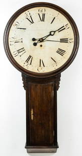 Act of Parliament Clock: Or more correctly English tavern clock. Painted plank wooden dial with surround from the same boards with Roman numerals and original black painted brass hands, Brass weight driven time only movement