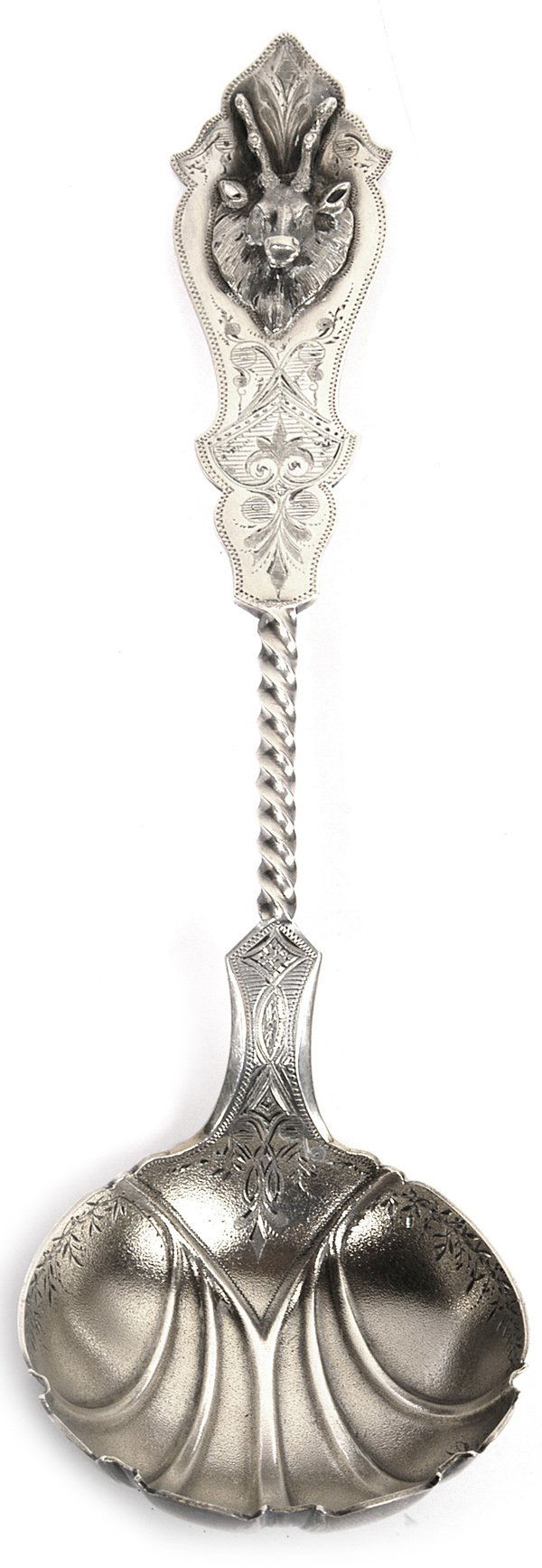 DUHME & CO., CINCINNATI, OH. SILVER LADLE: Fantastic 9 1/2" twist handle, engraved from top to bottom and a great stag head applied to the front top of handle. EST. $200. - $400.