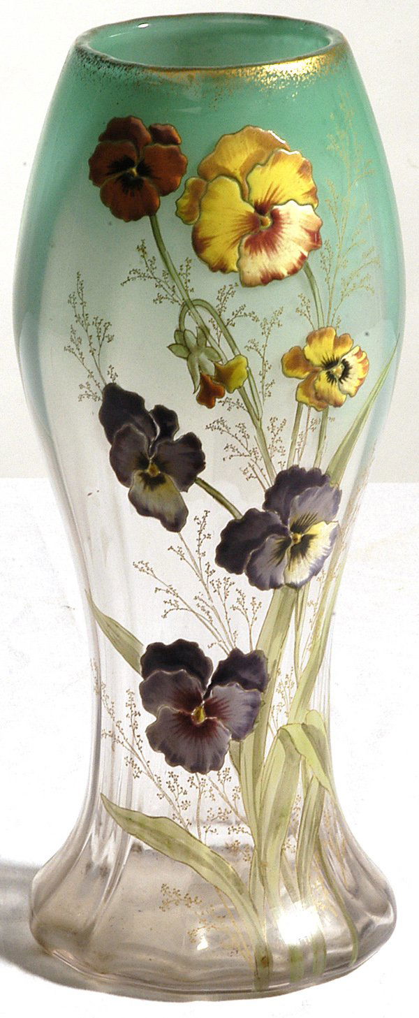 MONT JOYE ART GLASS VASE: Large 13 1/2" green to crystal French vase with heavy enameled pansies and gold gilding. Ca. 1920. Excellent condition. EST. $300. - $600.