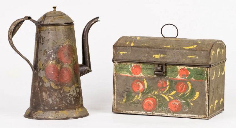 Two Tole Decorated Document Pieces: Both Tin, including a document box with domed lid and wire bale handle, lock hasp on front, polychrome painted red roses on green ground on front and yellow swags on lid and sides, circa 1850, 9 3/4 x